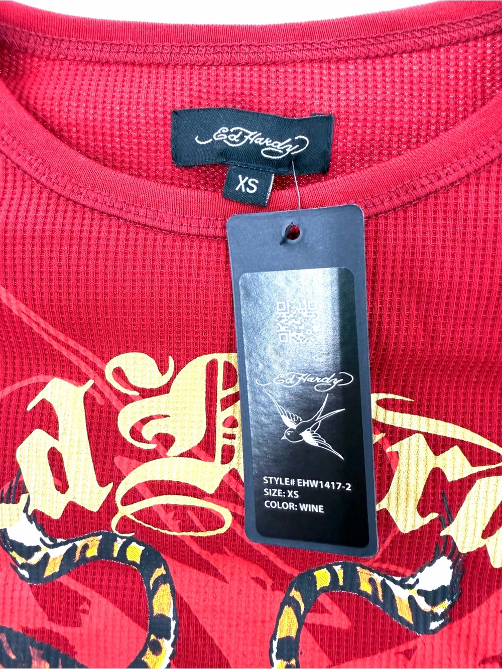 Ed Hardy NWT Crawling Tiger Thermal Wine Red Crew Crop Long Sleeve Y2K Top - Picture 6 of 7